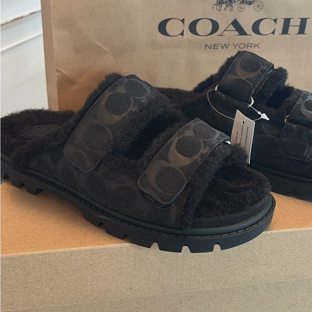 Coach Sherpa Black Fuzzy Double-Strap Slide Sandals size 6 new - Picture 2 of 8